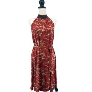 Michael Kors Dress Sz Large Halter Beaded Neck‎ Orange Groovy 70's Tie Dye Vibes